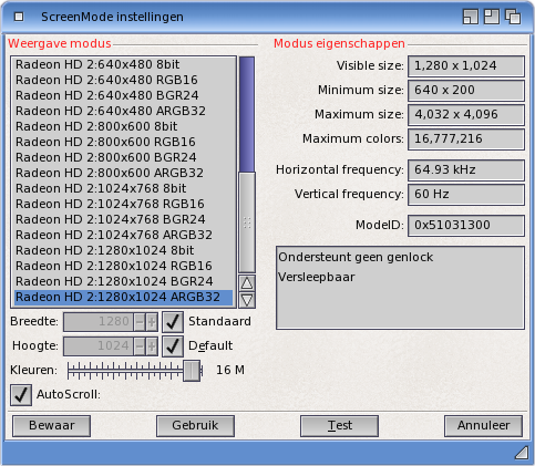 The Amiga OS 4 ScreenMode preferences editor displaying the new Radeon HD modes